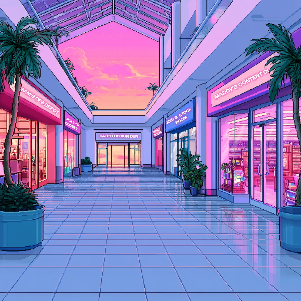 A 1990s indoor mall atrium at dusk: glass skylight, palm trees, tiled concourse and neon shop signs for each Unbound storefront
